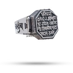 Metal   :-  Sterling Silver Total weight :-  11 - 12 Grams approx ( for Ring size 11 ) Ring top ( Face ) :- 18 mm diameter / 1.8 cm / 0.70 inch Finish  :-  Oxidized We offer customization on our each product. We also make products of your choice. If you like to make any changes to be made on a particular product of our for example. Studding different gemstones, changing metal color, changing in design, etc. If you like any particular design , we can manufacture personalized product as well. All Shivaji Maharaj Mudra, Raj Mudra, Chhatrapati Shivaji Maharaj, Shivaji Maharaj, Silver Men Ring, Instagram White, Men Ring, Mens Silver Rings, Men's Jewelry Rings