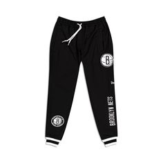 The Brooklyn Nets Logo Select Jogger features a chenille applique Nets logo and embroidered wordmark at the left leg with an alternate team logo at the right ankle. Fabric: 52% polyester, 42% cotton, 6% spandex Black Cotton Bottoms With Logo, Casual Black Bottoms With Logo, Sportswear Logo Print Bottoms For Streetwear, Cotton Sportswear Bottoms With Logo Print, Athleisure Cotton Bottoms With Logo Print, Cotton Athleisure Bottoms With Logo Print, Cotton Sweatpants With Logo Detail For Streetwear, Black Logo Detail Sweatpants For Sports, Black Sports Sweatpants With Logo Detail