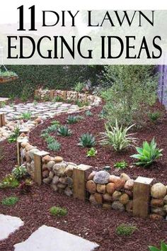 a garden with rocks and plants on the ground, in front of a fence that reads 11 diy lawn edging ideas