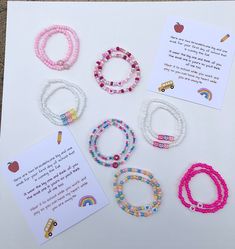 *These matching mama and me first day of school bracelets will make a great gift.* *Please measure wrist before ordering.* *Please roll on bracelets rather than stretch on to prevent breaking/stretching.* *All sales are final as per shop policy. Thank you for understanding Personalized Multicolor Bracelets For School, Personalized Multicolor Beaded Bracelets For School, Personalized Pink Bracelets For School, Cute Stretch Bracelet For Mother's Day And Friendship, Customizable White Bracelets For Teacher Appreciation, Trendy Personalized Jewelry For School, White Fun Name Bracelet For Friendship, Customizable Cute Friendship Bracelets For Mother's Day, Personalized White Name Bracelet For Teacher Appreciation