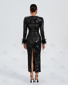 Stand out in this stunning Feather Trim Midi Sequin Evening Dress. The hand-placed sequins add a touch of glamour to any event, while the feather trim at the wrist adds a playful and unique touch. The sleek and sexy black color is perfect for making a statement at formal occasions. Be the center of attention at your next gathering with this dress. Our Style No.KLYF1054 Feather&Sequin Height - 68.9"/175cm Bust - 34.6"/88cm Waist - 25.6"/65cm Hips - 36.6"/93cm and wears size S About Wholesale/Drop Sequin Evening Dress, Sequin Evening Dresses, Feather Trim, Black Evening Dresses, Dress 100, Formal Occasion, Evening Dress, Classic Black, Black Color