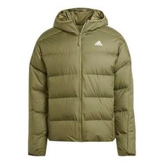 adidas Midweight Down Hooded Jacket 'Olive Green' IK3214 Sporty Solid Color Outdoor Puffer Jacket, Adidas Functional Sports Outerwear, Adidas Logo Functional Sports Outerwear, Functional Adidas Sports Outerwear, Fall Sportswear Puffer Jacket For Outdoor, Adidas Logo Athleisure Hooded Outerwear, Adidas Nylon Sportswear Outerwear, Casual Adidas Logo Outerwear In Nylon, Casual Adidas Nylon Outerwear