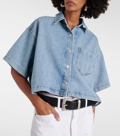 Medium Wash Short Sleeve Denim Jacket, Short Sleeve Medium Wash Cotton Denim Jacket, Cotton Cropped Shirt With Pockets, Summer Cropped Cotton Denim Jacket, Cropped Cotton Denim Jacket For Summer, Spring Cotton Cropped Shirt With Button Closure, Spring Cropped Cotton Shirt With Button Closure, Relaxed Fit Cotton Cropped Shirt With Button Closure, Trendy Relaxed Fit Cropped Shirt With Buttons