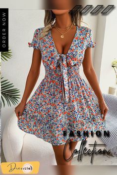 Elegant Floral Print Dress for Women Summer Dresses New V-neck Chic Hollow Lace-up Flared Sleeve Ruffle Mini Dress Non-stretch V-neck Mini Dress For Brunch, Non-stretch V-neck Mini Dress For The Beach, Red V-neck Mini Dress For Spring, Casual Red V-neck Dress For Spring, Casual Red V-neck Summer Dress, Women Summer Dresses, Ruffle Mini Dress, Dresses By Length, Elegant Floral