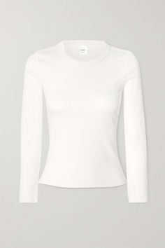 Shop LESET Kelly ribbed stretch-cotton jersey top, Explore the latest LESET women's collection today on NET A PORTER Fitted Ribbed Elastane Tops, Stretch Ribbed Tops For Layering, Basic Fitted Ribbed Top, White Fitted Tops With Ribbing, White Fitted Top With Ribbing, Basic Ribbed Fitted Top, Fitted White Tops With Ribbing, Ribbed Crew Neck Top With Minimal Stretch, Fitted Ribbed Cotton Tops