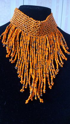 ON SALE African Beaded Choker Necklace, African Jewelry, Tribal Necklace, Fringe Beaded Necklace, Wo Large Beads Festival Choker, Festival Large Beads Choker, Bohemian Orange Beaded Necklaces For Jewelry Making, Orange Bohemian Beaded Necklaces For Jewelry Making, Bohemian Orange Beads For Jewelry Making, Artisan Orange Beaded Necklaces For Festivals, Festival Choker With Dangling Round Beads, Orange Beaded Bohemian Choker, Orange Bohemian Beaded Necklaces