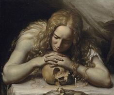 a painting of a woman with her head down and hands clasped over the body of a dead animal