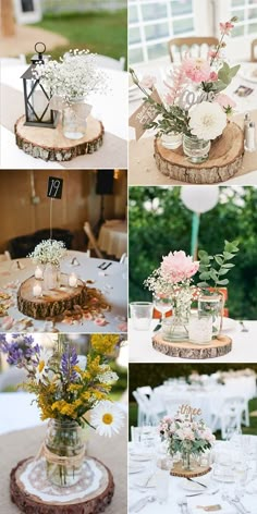 four different pictures of flowers in jars and vases on wooden slices, with candles