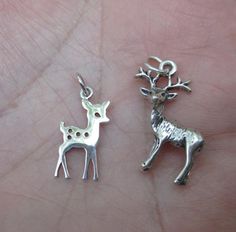 ********This sterling silver .925 Deer/Fawn Measurements (mm): Length: 22  Width: 10  Height: 1 or (inches): Length: 0.87  Width: 0.39  Height: 0.04 Price is for one at $9.20Price is for two at $18.004th photo shows deer/fawn charm alone.******Sterling silver 3D Deer Charm3 Dimensional. Includes jump ring. Height measured from top to bottom as pictured.Measures:Height:26mm x 17.5 wide(at the widest part)Price is for one deer at $10.15Price is for 2 deer at $19.953rd photo shows 3D deer charm alo Handmade Sterling Silver Symbolic Charms, Handmade Symbolic Sterling Silver Charms, Handmade Sterling Silver Charms In Silver, Tiny Silver Charms For Gifts, Small-sized Silver Charms For Gifts, White Gold Sterling Silver Charms, Hallmarked, Silver Sterling Silver Charms Stamped 925, Dainty Silver Charms For Jewelry Making, Small Silver Sterling Silver Charms