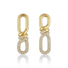 Our Rosario Navia Mara Twist Pave Drop Link Earrings are the perfect go-to gold earrings. These 25mm twisted link earrings are meticulously handcrafted in 18K solid gold with with 3 rows of pave natural diamonds. 18K solid Yellow Gold Size: 25mm Diamond: 0.65 carats of Fine White VS natural diamonds. Handmade in New York City Modern Diamond Earrings, Twist Jewelry, Pave Earrings, Diamond Pendants Designs, Knot Design, Link Earrings, Fancy Jewelry, Geometric Jewelry, Pendant Design