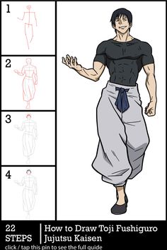 Learn how to draw Toji Fushiguro full body from Jujutsu Kaisen with this step-by-step tutorial. This guide highlights Toji’s muscular build, distinctive scar, and his detailed outfit, ensuring a powerful Toji Fushiguro drawing. Ideal for fans of Jujutsu Kaisen drawing, this guide is clear and precise. Share your finished artwork in the comments! Click the pin to access the full guide, presented by SketchOk. Character Full Body Drawing, Toji Fushiguro Drawing, Fushiguro Drawing, Toji Drawing, Jujutsu Kaisen Drawing, Jujutsu Kaisen Toji Fushiguro, Martial Arts Pants, Straight Black Hair, Final Fantasy Ix