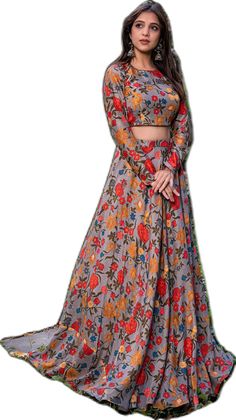 Lehenga Crop Top, Printed Lehenga, Silk Lehenga, Organza Dupatta, Full Sleeves, Raw Silk, Grey Fabric, Full Sleeve, Silk Printing