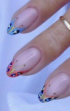 French Tip Colourful, Spring Nails Oval, Butterfly French Tip, Art Deco Nail Art, Feminine Hands, Summer Spring Nails, Acrylic Nails Chrome, Nails Oval, Gold Acrylic Nails