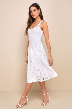 You'll be a picture of perfection in the Lulus Divine Beauty White Lace Midi Dress With Pockets! Gorgeous floral guipure lace forms a sweetheart neckline supported by wide straps, a high, banded waist, and a darted bodice. A flared, A-line style skirt (with hidden side pockets!) stuns as it falls to a modest midi length. Hidden back zipper/clasp. Fit: This garment fits true to size. Length: Knee to mid-calf length. Size medium measures 33.5" from shoulder to hem. Bust: Works best for A to C cup Sweetheart Neckline Lace Dress With Lace Top, Lace Dress With Sweetheart Neckline, Sweetheart Neckline Lace Dress, Lace Dress With Sweetheart Neckline For Brunch, White Spaghetti Strap Dress With Lace Top, Elegant Lace Dress With Sweetheart Neckline For Brunch, Lace Dress With Lace Bodice And Sweetheart Neckline, Brunch Dress With Lace Bodice And Sweetheart Neckline, Sleeveless Lace Dress With Fitted Bodice