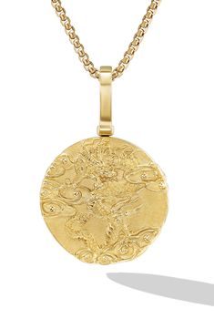 A fiery dragon intensifies the look and texture of this round amulet that will embolden any chain. Enhancer only; chain sold separately 1 1/4" drop; 3/4" diameter pendant 18k gold or sterling silver Imported Dragon Amulet, Fiery Dragon, David Yurman, 18k Gold, Nordstrom, Yellow Gold, Texture, Sterling Silver, Chain