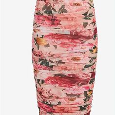 Express Nwt Women’s Body Contour Floral Mesh Ruched Midi Skirt With Built-In Shapewear. Pink Multi Print Size Xmall Multicolor Fitted Bottoms For Brunch, Feminine Fitted Multicolor Bottoms, Feminine Fitted Multicolor Skirt, Fitted Multicolor Feminine Skirt, Ruched Midi Skirt, Spring Work, Body Contour, Satin Midi Skirt, Printed Pencil Skirt