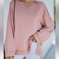 You’ll Be Obsessed With The Oversized Sweatshirt The Medium Length And Loose Fit Make It Quite Comfortable To Wear At Home Or On The Run Features Frayed Details Throughout Long Sleeves, Round Neck And Side Slits At The Bottom Such A Fashionable And Cozy Piece That You’ll Want To Wear Every Day. Cah13456 Oversized Soft-washed Pink Sweatshirt, Oversized Pink Sweatshirt For Everyday, Soft-washed Pink Long Sleeve Tops, Pink Soft-washed Long Sleeve Tops, Pink Long Sleeve Top With Soft-washed Detail, Pink Long Sleeve Soft-washed Top, Oversized Pink Plain Tops, Oversized Pink Sweater For Everyday, Everyday Oversized Pink Sweater