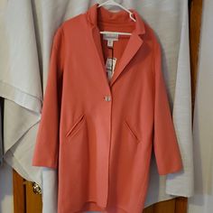 Get Ready For Spring In This Beautiful Coral Jacket. Never Worn. Pink Outerwear With Button Closure For Spring, Pink Long Sleeve Spring Outerwear, Pink Long Sleeve Outerwear For Spring, Spring Pink Outerwear For Work, Pink Long Coat For Spring, Coral Jacket, Rachel Zoe, Pink And Orange, Coral