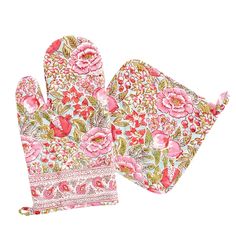 two oven mitts with pink flowers on them