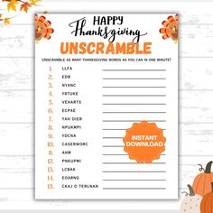 a printable thanksgiving unscramble game with pumpkins