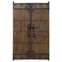 an old wooden door with metal rivets on the front and sides, isolated against a white background