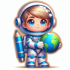 a little boy in an astronaut suit holding a globe