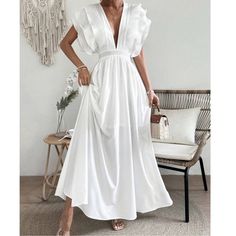 Classic White Plunging Neck Ruffle Sleeve Maxi Dress S M L Xl, 100% Polyester, Ships In 7-8 Days Bohemiam White Dress, Billowy V-neck Maxi Dress For Summer, White Pleated V-neck Maxi Dress, Billowy V-neck Maxi Dress For Party, White Ruffle Sleeve Maxi Dress For Spring, V-neck Ruffled Maxi Dress For Vacation, Vacation V-neck Maxi Dress With Ruffles, V-neck Pleated Maxi Dress For Beach, Pleated V-neck Maxi Dress For Beach