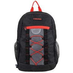 a black backpack with red straps on it