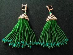 "Lovely Antique Bronze Finish Metal With Emerald Green Glass Seed Beads & Clear Crystal Rhinestone Accents Drop Dangle Tassel Leverback Earrings Bohemian Boho Style Fashion Jewelry Measure approximately 4 inches drop by 7/8 inch at the widest point. They are in excellent MINT condition with NO signs of wear, These stunning earrings are clean and ready to wear! For more beautiful and fabulous of vintage jewelry accessories please see our \"Vintage Jewelry\" Shop Section: http://www.etsy.com/shop/ Elegant Green Earrings With Beaded Fringe, Elegant Green Beaded Fringe Tassel Earrings, Elegant Green Beaded Earrings With Tassels, Elegant Green Tassel Earrings With Round Beads, Elegant Green Beaded Tassel Earrings, Elegant Tassel Earrings With Fringe And Round Beads, Boho Fashion Bohemian, Earrings Bohemian, Leverback Earrings