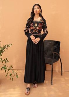 Black silk long multi colour flower embroidered dress,this dress has beautiful embroidery over the front and back yoke,the sleeves has same embroidery all over . ✨If you want any changes in the outfit please contact us we will guide you as per your preference. ✨We assure you that we use only high quality fabric and threads to make any dress and you won't face any problem regarding fabric.  ✨We take little longer time for manufacturing the garment as this is custom made dress and we take utmost care while manufacturing, so that our customers gets full satisfaction when they receive  the dress. Your patience is important. 🌸Care Instructions Dry clean only Dress Ankle Length, Plus Size Formal Dress, Dress Party Wear, Flower Embroidered Dress, Black Long Dress, Dresses Classy, Plus Size Formal, Elegant Dresses Classy, Plus Size Formal Dresses