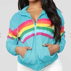 Brand New! Never Worn Trendy Multicolor Spring Windbreaker, Trendy Blue Winter Windbreaker, Trendy Blue Hooded Outerwear, Rainbow Jacket, Mustard Jacket, Fashion Nova Jackets, Coats Fashion, Fashion Nova Models, Flannel Jacket