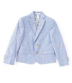 From Class Club&#x2C; this jacket features:Chambray fabricationNotch collarLong sleeves2 button frontLinedCottonDry CleanImported. Casual Suits With Lapel Collar And Buttons, Fitted Button-up Blazer With Double Button Closure, Semi-formal Cotton Blazer With Buttons, Fitted Double Button Closure Blazer, Single-breasted Collared Blazer For Business Casual, Spring Single-breasted Long Sleeve Suits, Casual Suits With Notch Lapel And Button Closure, Casual Tailored Suits With Buttons, Notch Lapel Suit With Button Closure