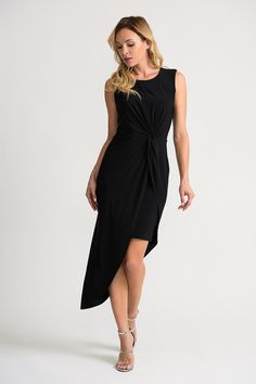 Joseph Ribkoff Black Ruched Sleeveless Asymmetric Sheath Dress 202264 NEW Front Twist Dress, Twist Dress, Twisted Dress, Straight Skirt, Fashion Classy, Ruffle Dress