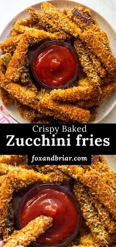 crispy baked zucchini fries with ketchup on the top and bottom