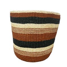 a brown and black striped basket on a white background