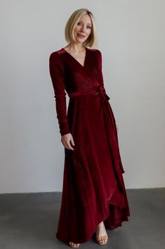 Serena Shimmer Velvet Wrap Dress | Merlot Bridesmaid Dress Color Schemes, Velvet Bridesmaid Dresses, Velvet Wrap Dress, Baltic Born, Velvet Maxi Dress, Bridesmaid Dress Colors, Rust Dress, Gala Dresses, Long Bridesmaid Dresses