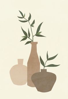 two vases with plants in them on a beige background, one has green leaves