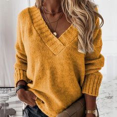 Solid Suplice Neck Sweater Yellow Medium New Oversized Sweater Women, Pull Oversize, Solid Color Sweater, Casual Chique, Solid Sweaters, Winter Pullover, Estilo Chic, Long Sleeve Pullover Sweater, Oversized Pullover