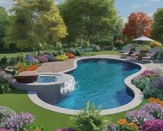 an artist's rendering of a pool surrounded by flowers