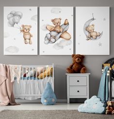 a baby's room with two teddy bears on the moon and one bear in the sky