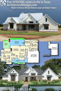 two story house plan with 3 bedroom and 2 bathrooms on the first floor, in texas