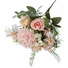 a bunch of flowers that are on a white surface with green leaves and pink blooms