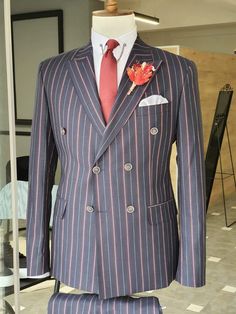 Boston Navy Blue Slim Fit Double Breasted Pinstripe Suit – BOJONI Double Breasted Pinstripe Suit, Red Ranger, Slim Fit Suit Men, Pants Gift, Claret Red, Designer Suits For Men, Slim Fit Suits, Red Suit, Fashion Suits For Men