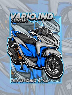 a blue and white motorcycle with the words varioind concept on it's side