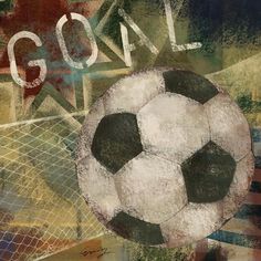 a painting of a soccer ball with the word goal written on it in white and black