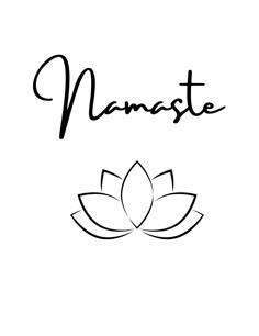 the word namaste written in black ink with a lotus flower