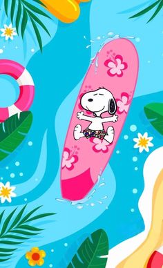 a cartoon dog floating on top of a pink surfboard