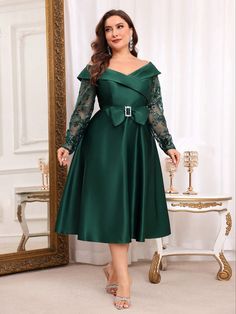 Plus Size Dark Green Sequin Patchwork Satin And Crepe Fabric Open Shoulder Bow Accent High-Low Hem Elegant Ball Gown Green Elegant  Long Sleeve Sequins Colorblock,Plain A Line Slight Stretch  Weddings & Events, size features are:Bust: ,Length: ,Sleeve Length: Plus Prom Dresses, Elegant Ball Gowns, Embroidered Lace Dress, Long Sleeve Sequin, Green Sequins, Ball Gown Dresses, Long Sleeve Knit Tops, Women Denim Jeans, Crepe Fabric