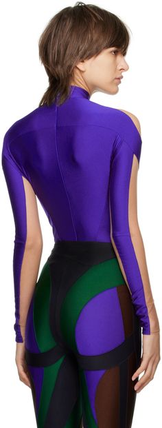 Semi-sheer stretch nylon tulle and jersey bodysuit. · Paneled construction · Logo plaque at mock neck · Press-stud fastening at bottom · Concealed zip closure at back Supplier color: Ultraviolet High Neck Elastane Bodysuit For Party, High Stretch Elastane Bodysuit For Evening, Second-skin Polyamide Bodysuit For Party, Mugler Bodysuit Outfit, Evening Second-skin Nylon Bodysuit, Mugler Spiral Jeans, Mugler Catsuit, Mugler Pink Bodysuit, Blue High-stretch Bodysuit With Thumbholes