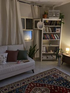 a living room with a couch, book shelf and rug in front of the window